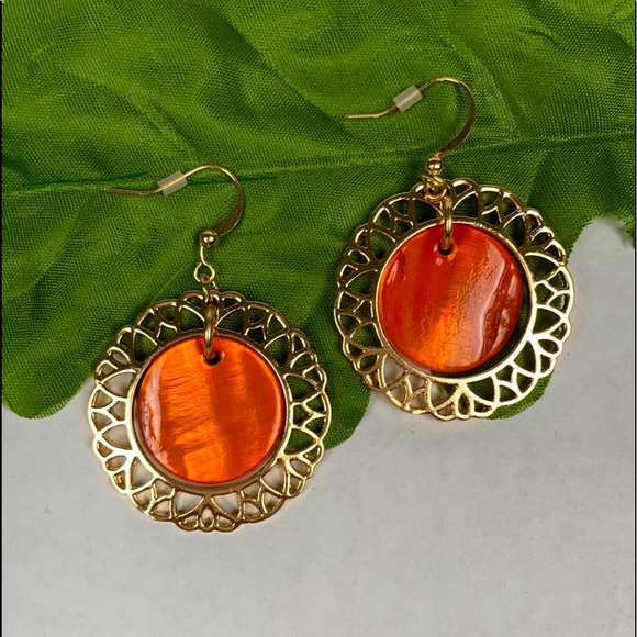 NWOT Gold Toned Burnt Orange Dangle Earrings - Picture 2 of 5